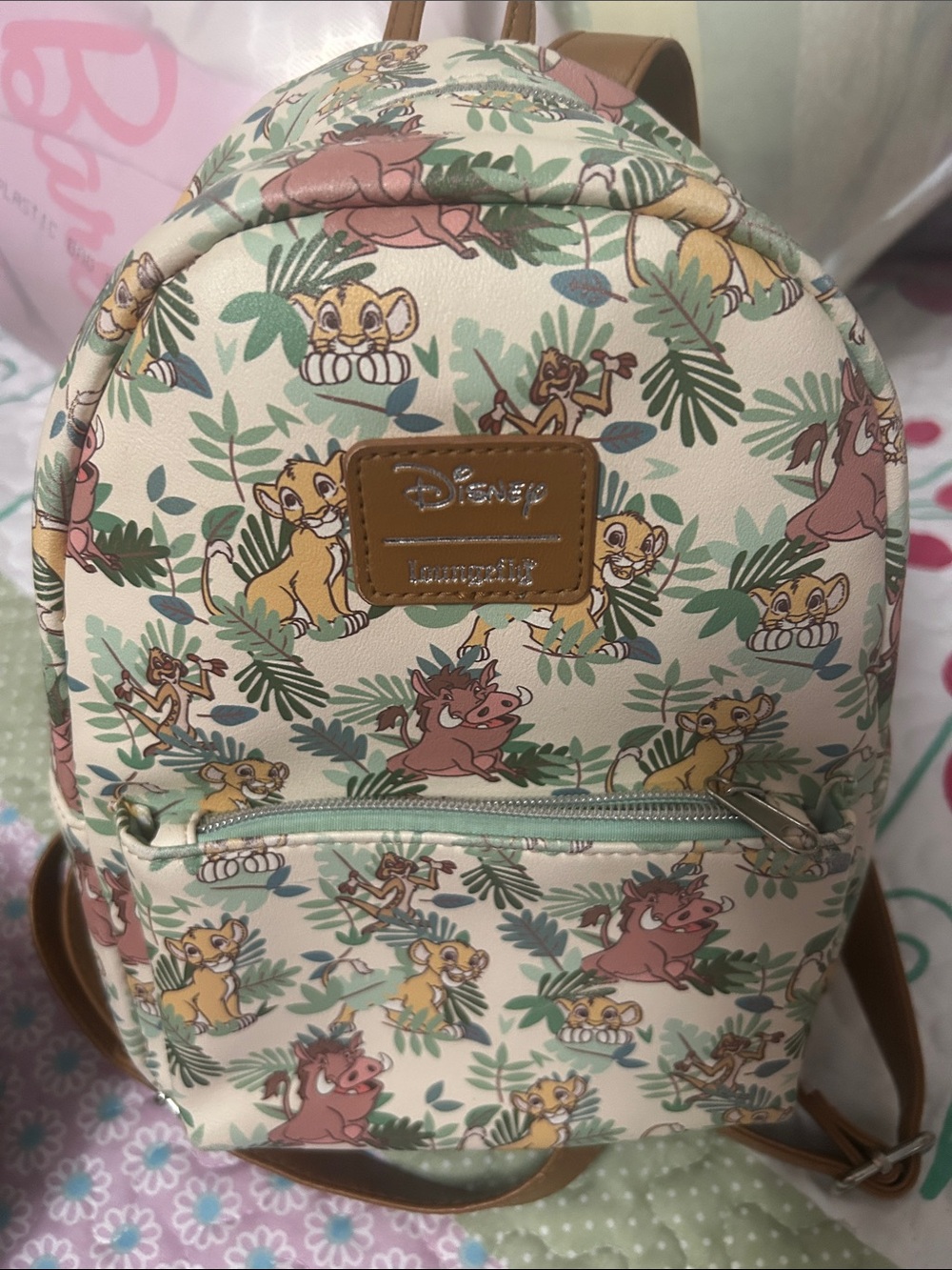 Disney Lion King Mini Backpack - Cream with Green, Pink & Yellow Print